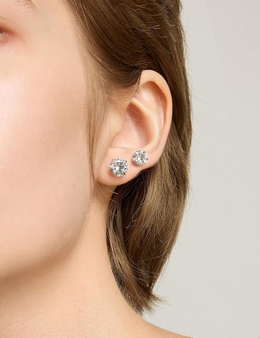 6 Pairs Stud Earrings Set, Hypoallergenic Cubic Zirconia 316L Earrings Stainless Steel CZ Earrings 3-8mm (Steel color)
