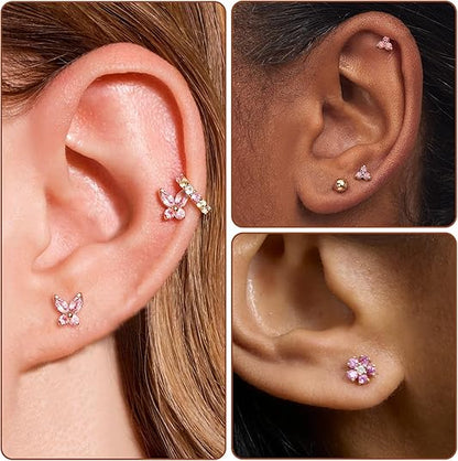 20G Gold Studs Earrings for Women,14K Gold Plated Hypoallergenic Butterfly Earrings for Girls,4 Pairs Flower/Butterfly/Cubic Zirconia Cute Earring and Trendy Huggie Hoop Dainty Multipack Earring Sets